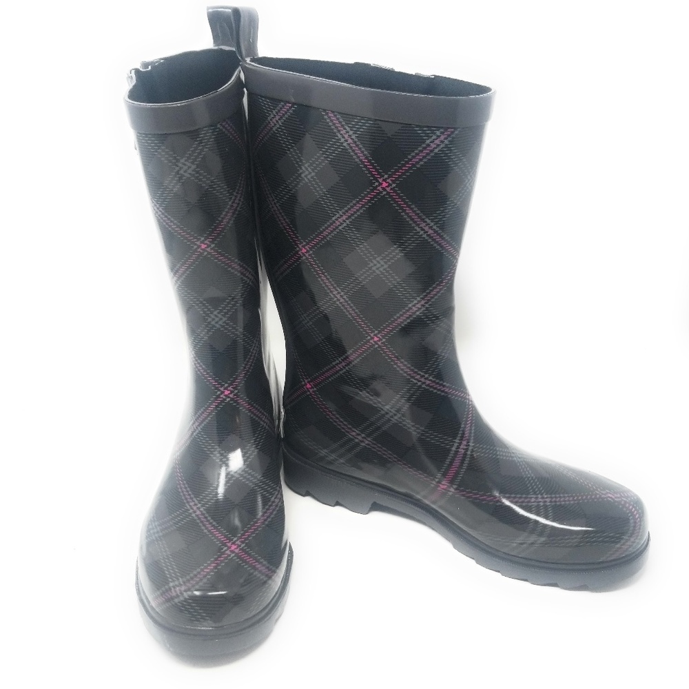 Women's Rubber Mid Calf Rain Boots, RB-3153, Plaid